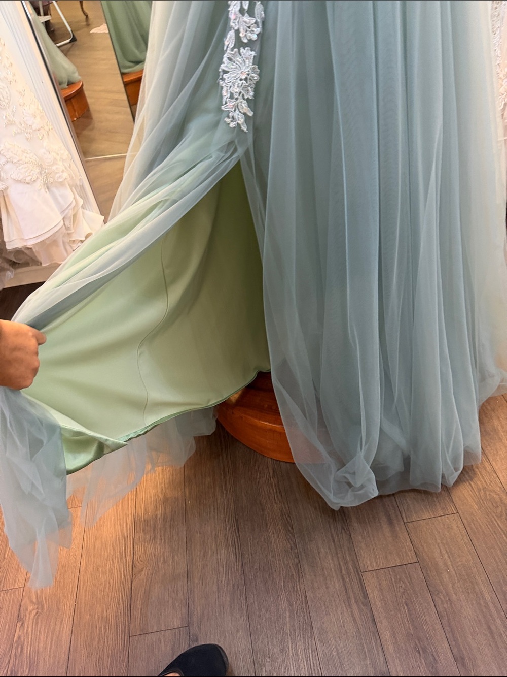 Elegant Sage dusty teal Green Tulle Evening Dress with Lace Appliqué - Picture 11 of 11